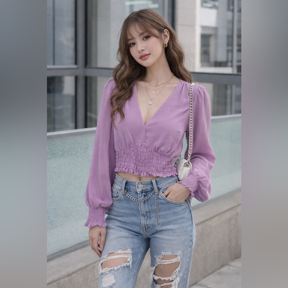 1. STATE Lavender Puff Sleeve V neck Smocked Crop Top Y2K Blouse NEW M